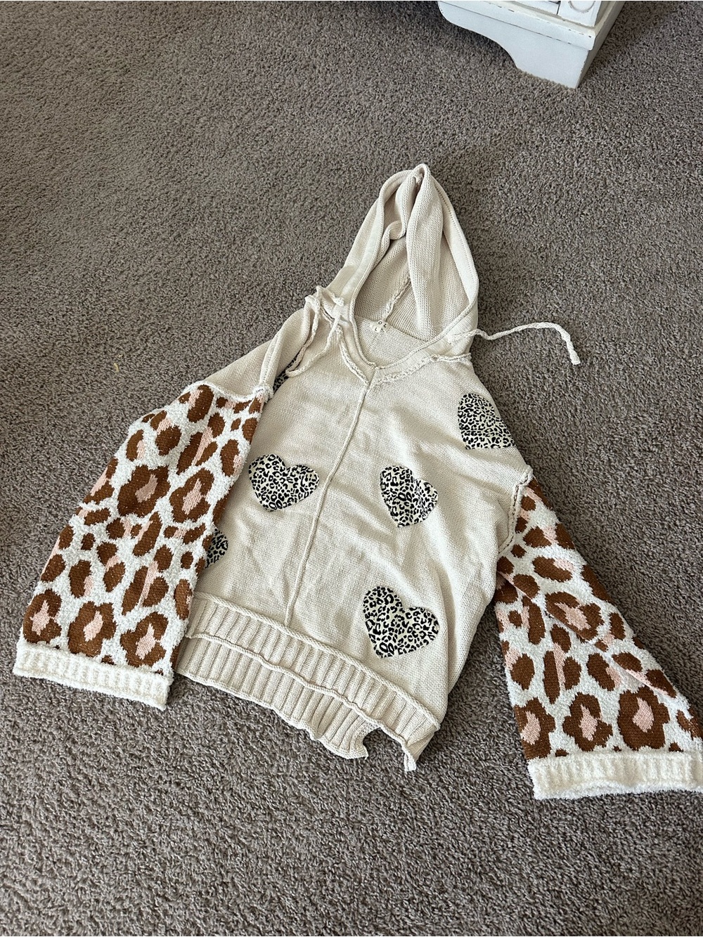 POL Cream Hooded Sweater with Brown Leopard-Print Sleeves